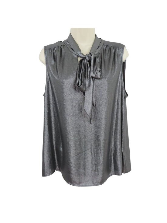 Calvin Klein Tops - Calvin Klein Womens Large Metallic Silver Gray Sleeveless Neck Tie Shirt Blouse